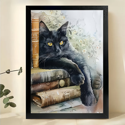 Book Lover Black Cat – Cozy Literary Watercolor Wall Art on Natural Wood Canvas | W2005