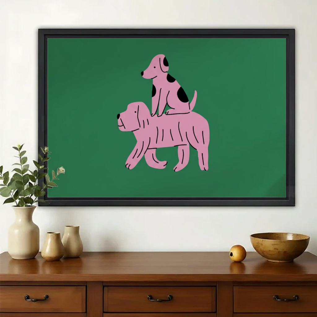 Pink Stacked Dogs – Whimsical Minimalist Dog Wall Art on Natural Wood Canvas | W2035