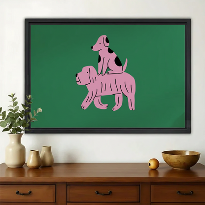 Pink Stacked Dogs – Whimsical Minimalist Dog Wall Art on Natural Wood Canvas | W2035