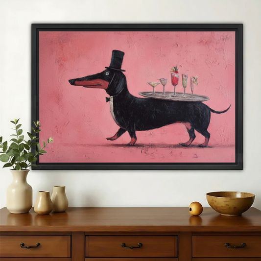 Tuxedo Dachshund with Cocktails Wall Art – Whimsical Party Dog Canvas Print on Natural Wood Frame | W2411