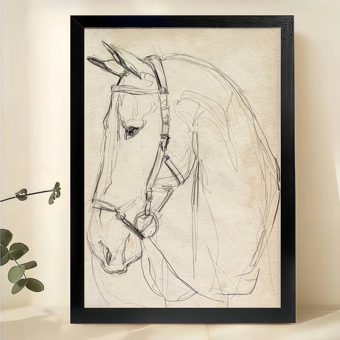Minimalist Horse Head Sketch – Modern Equine Wall Art on Natural Wood Canvas | W824