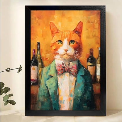 Cat Bartender Oil Painting – Vintage Orange Tabby Wall Art for Wine Bar Kitchen Decor| W520