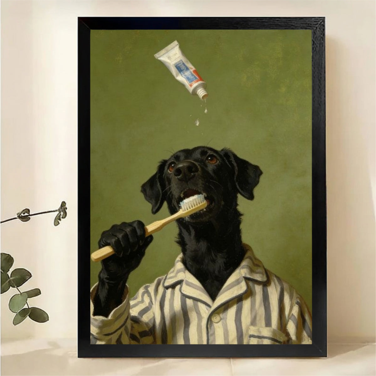 Black Lab Brushing Teeth Canvas - Funny Dog Bathroom Art|W1240