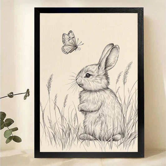 Bunny Watching Butterfly in Meadow Wall Art - Pencil Sketch Canvas Print|W1396