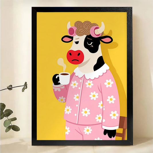 Grumpy Cow in Daisy Pajamas with Coffee Wall Art - Funny Canvas Print|W1388