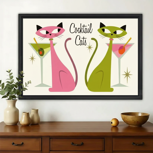 Cocktail Cats Wall Art – Retro Mid-Century Modern Cat Canvas Print on Natural Wood Frame | W2214