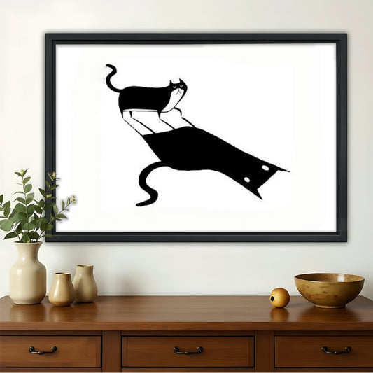 Cat Shadow Silhouette Wall Art - Playful Black and White Print|W1234