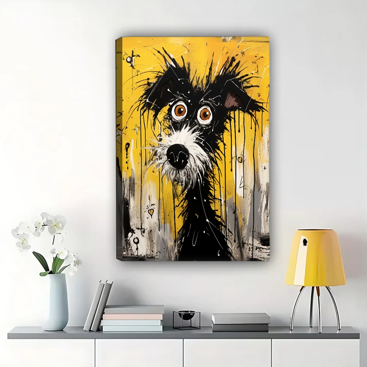 Scruffy Dog with Big Eyes - Abstract Yellow Canvas Wall Art|W1179