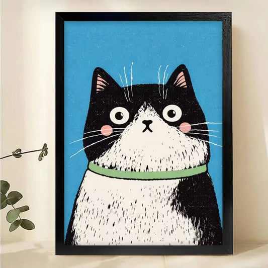 Surprised Tuxedo Cat Wall Art - Funny Wide-Eyed Cat Print|W1150