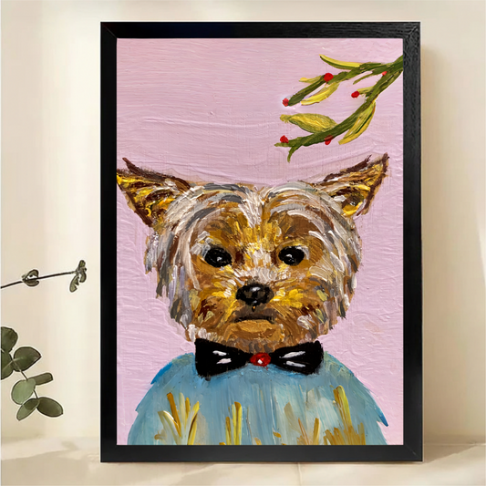 Yorkshire Terrier in Blue Sweater with Mistletoe Wall Art - Textured Oil Painting Canvas Print|W1381