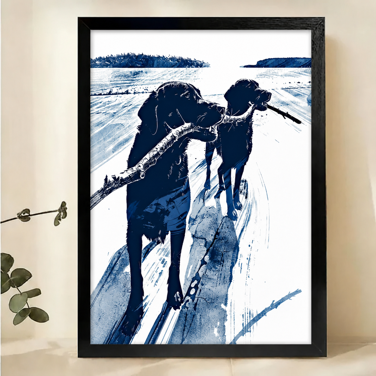 Two Labradors Sharing a Stick on the Beach Wall Art – Bold Indigo Graphic Canvas Print on Natural Wood Frame | W2218