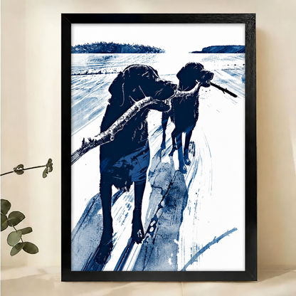 Two Labradors Sharing a Stick on the Beach Wall Art – Bold Indigo Graphic Canvas Print on Natural Wood Frame | W2218
