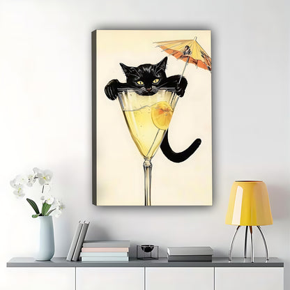 Whimsical Black Cat in Martini Glass Art Print – Funny Cat Wall Decor for Kitchen Bar| W521