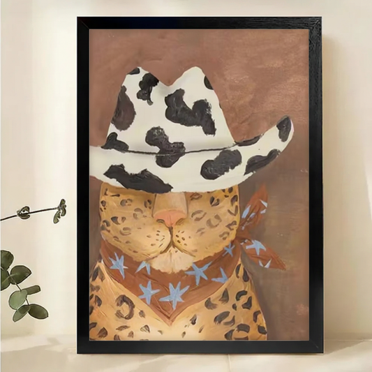 Leopard Cat in Cowhide Cowboy Hat Wall Art – Wild West Animal Portrait Canvas Print on Natural Wood Frame | W2160