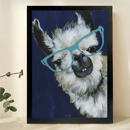 Intellectual Llama with Teal Glasses Wall Art – Whimsical Animal Portrait Canvas Print on Natural Wood Frame | W2327