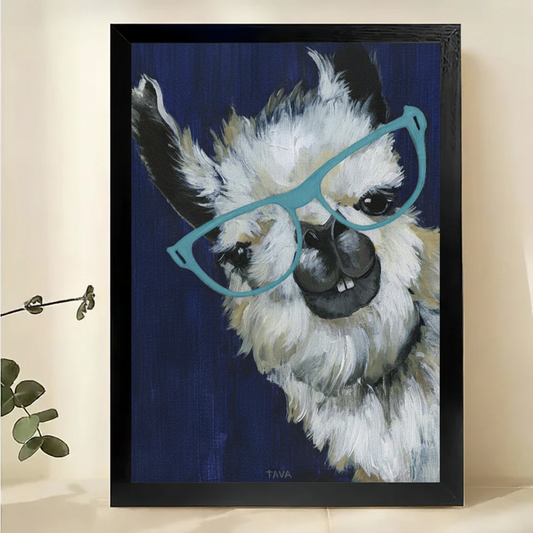 Intellectual Llama with Teal Glasses Wall Art – Whimsical Animal Portrait Canvas Print on Natural Wood Frame | W2327