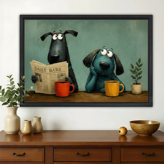 Dogs Reading Daily Bark Newspaper Wall Art – Whimsical Morning Routine Canvas Print on Natural Wood Frame | W2328