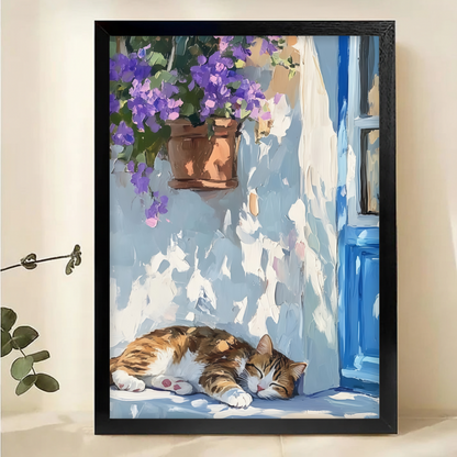 Sleeping Cat with Purple Flowers Canvas Wall Art - Mediterranean Blue Door Print|W1151