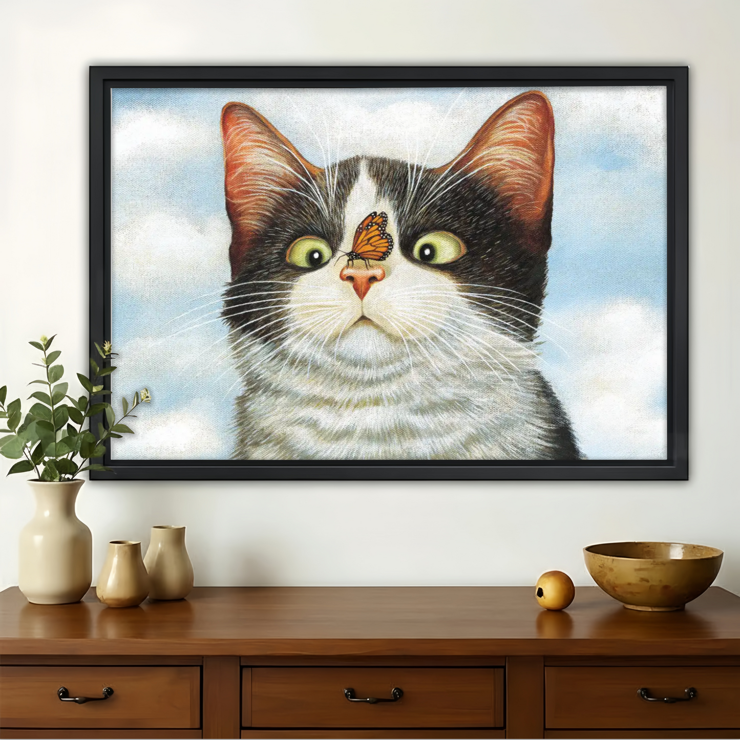Cat with Butterfly on Nose Wall Art - Whimsical Pet Canvas Print|W1342