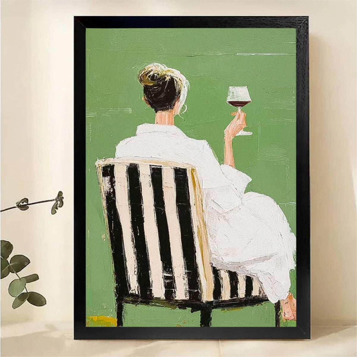 Woman with Wine Wall Art - Elegant Green Textured Print|W1270