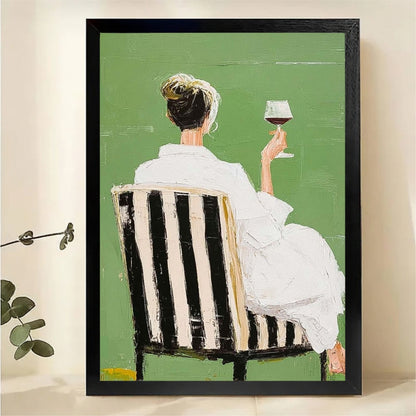 Woman with Wine Wall Art - Elegant Green Textured Print|W1270