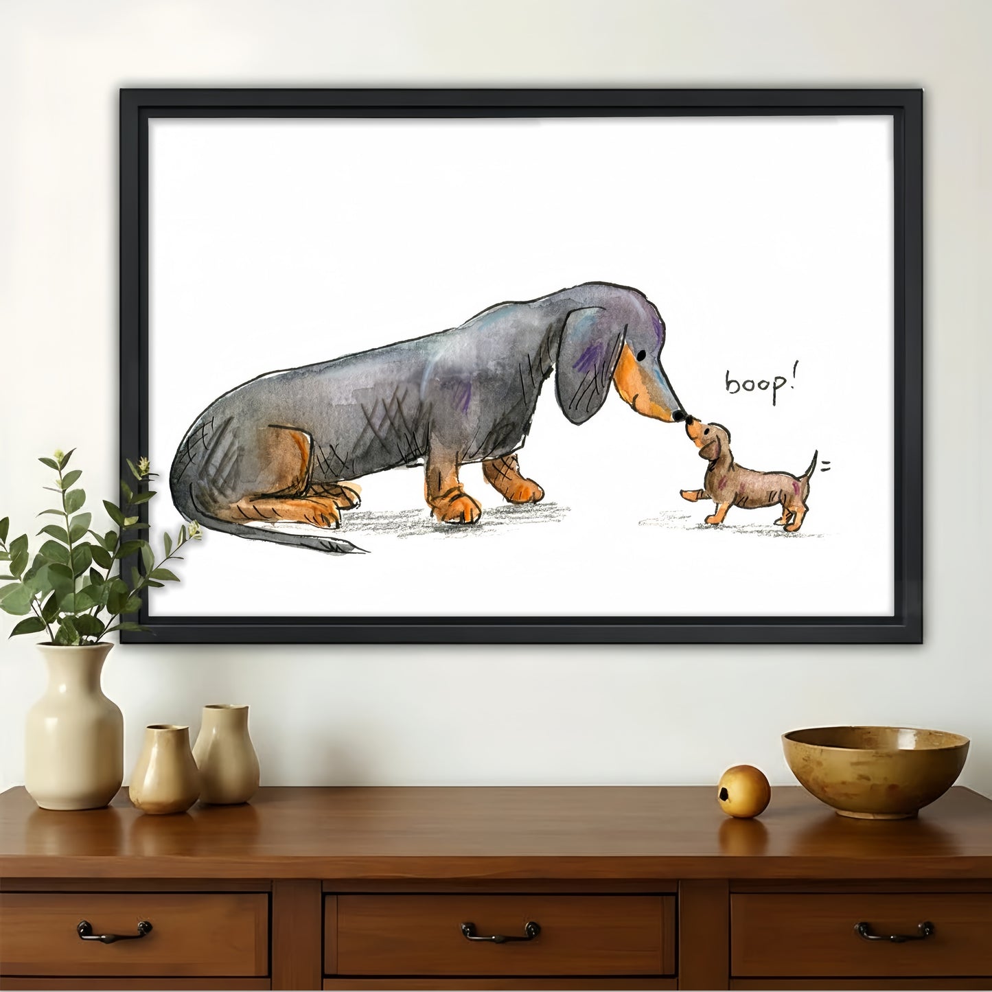 Dachshund Boop Nose to Nose Wall Art - Funny Watercolor Sketch Canvas Print| W1402