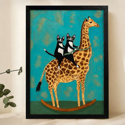 Two Tuxedo Cats Riding a Giraffe Wall Art – Whimsical Naive Art Canvas Print on Natural Wood Frame | W2171