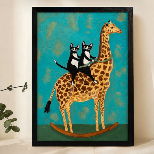 Two Tuxedo Cats Riding a Giraffe Wall Art – Whimsical Naive Art Canvas Print on Natural Wood Frame | W2171