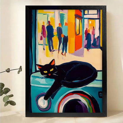 Black Cat on Windowsill Art Print - Urban Street Scene Wall Art|W1139