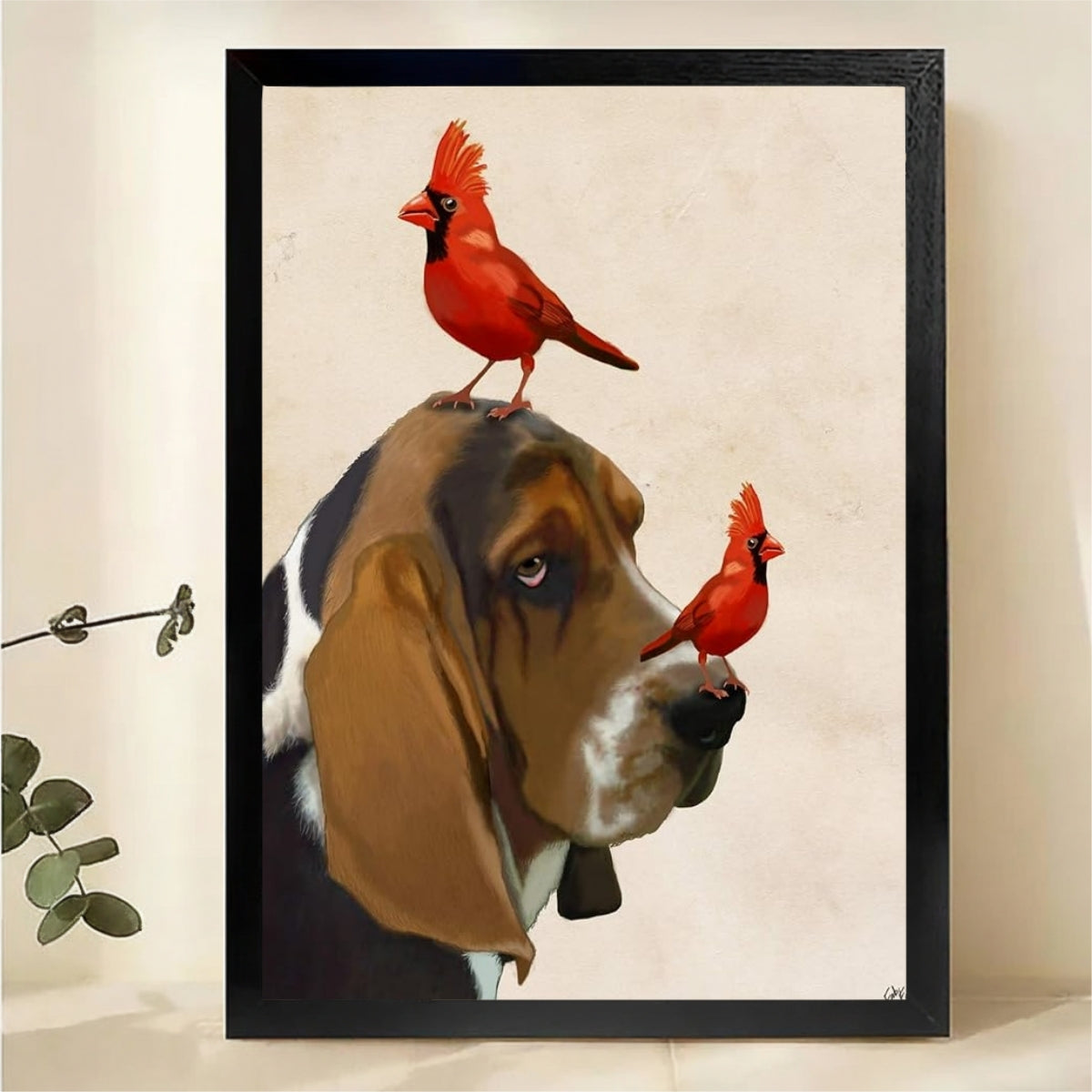 Basset Hound with Two Red Cardinals Wall Art - Funny Realistic Canvas Print|W1443