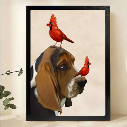 Basset Hound with Two Red Cardinals Wall Art - Funny Realistic Canvas Print|W1443