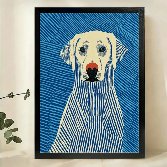 Labrador Dog Blue Stripe Wall Art – Bold Graphic Dog Canvas Print on Natural Wood Frame | W2097
