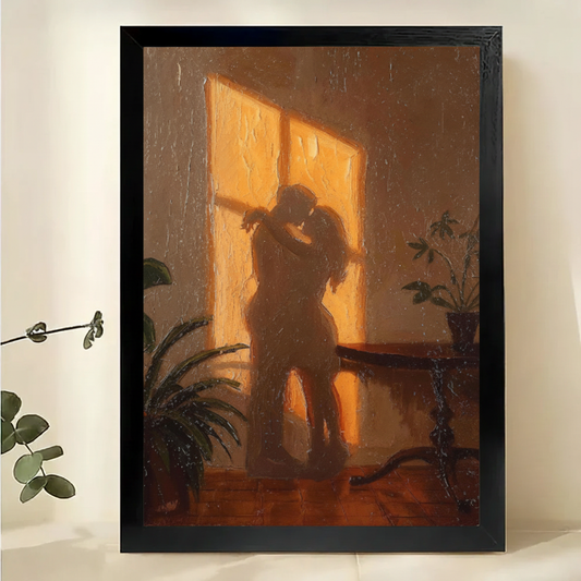 Lovers Embracing by the Rain Window Wall Art – Romantic Dark Oil Painting Canvas Print on Natural Wood Frame | W2294