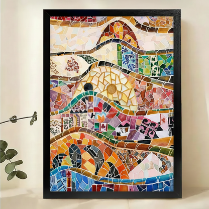 Mosaic Fox Portrait Wall Art – Gaudí-Inspired Trencadís Canvas Print on Natural Wood Frame | W2196