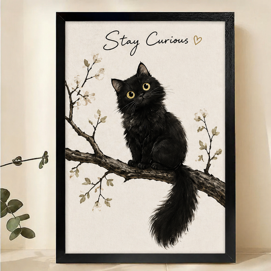 Stay Curious Black Kitten on Branch Wall Art – Cute Illustrated Quote Canvas Print on Natural Wood Frame | W2191