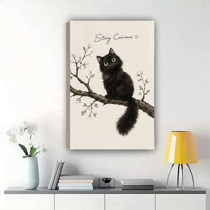 Stay Curious Black Kitten on Branch Wall Art – Cute Illustrated Quote Canvas Print on Natural Wood Frame | W2191