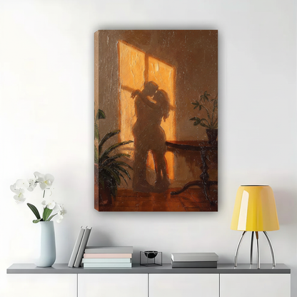 Lovers Embracing by the Rain Window Wall Art – Romantic Dark Oil Painting Canvas Print on Natural Wood Frame | W2294