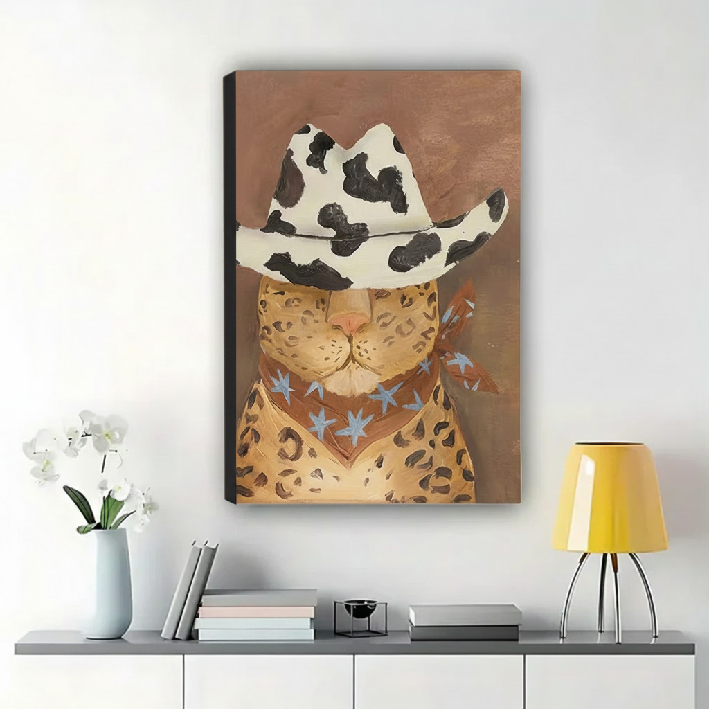 Leopard Cat in Cowhide Cowboy Hat Wall Art – Wild West Animal Portrait Canvas Print on Natural Wood Frame | W2160
