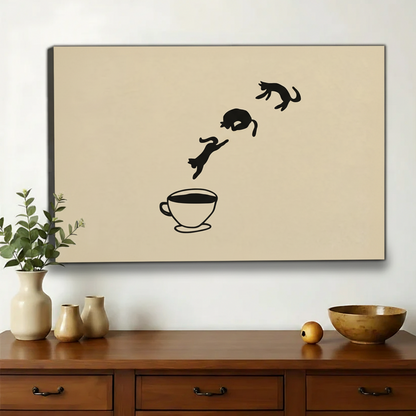 Cats Jumping into Coffee Cup Wall Art – Cute Minimalist Cat Canvas Print on Natural Wood Frame | W2412