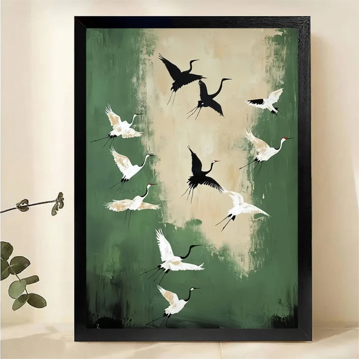 Flying Cranes on Green Wall Art - Elegant Bird Canvas Print|W1364