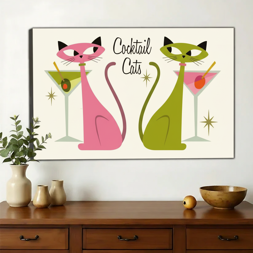 Cocktail Cats Wall Art – Retro Mid-Century Modern Cat Canvas Print on Natural Wood Frame | W2214
