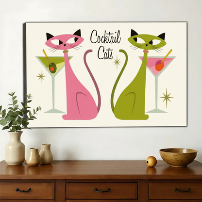 Cocktail Cats Wall Art – Retro Mid-Century Modern Cat Canvas Print on Natural Wood Frame | W2214