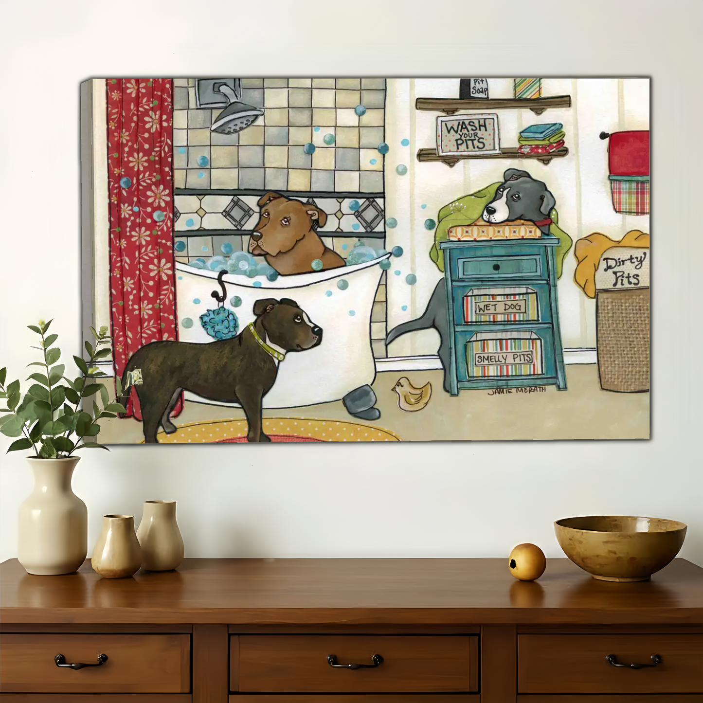 Wash Your Pits Pitbull Bathroom Wall Art - Funny Dog Canvas Print|W1348
