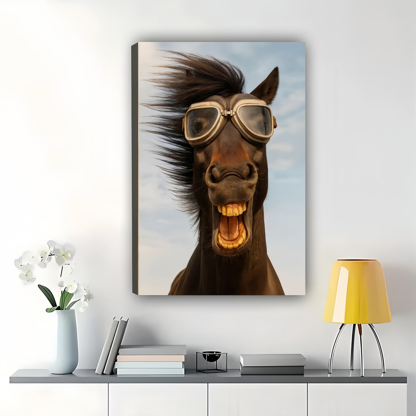 Pilot Horse – Whimsical Vintage Wall Art on Natural Wood Canvas | W893