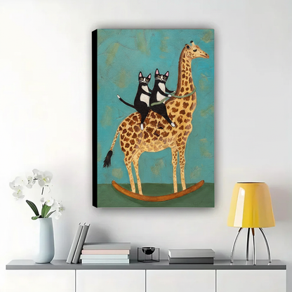 Two Tuxedo Cats Riding a Giraffe Wall Art – Whimsical Naive Art Canvas Print on Natural Wood Frame | W2171