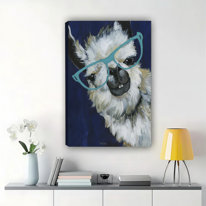 Intellectual Llama with Teal Glasses Wall Art – Whimsical Animal Portrait Canvas Print on Natural Wood Frame | W2327