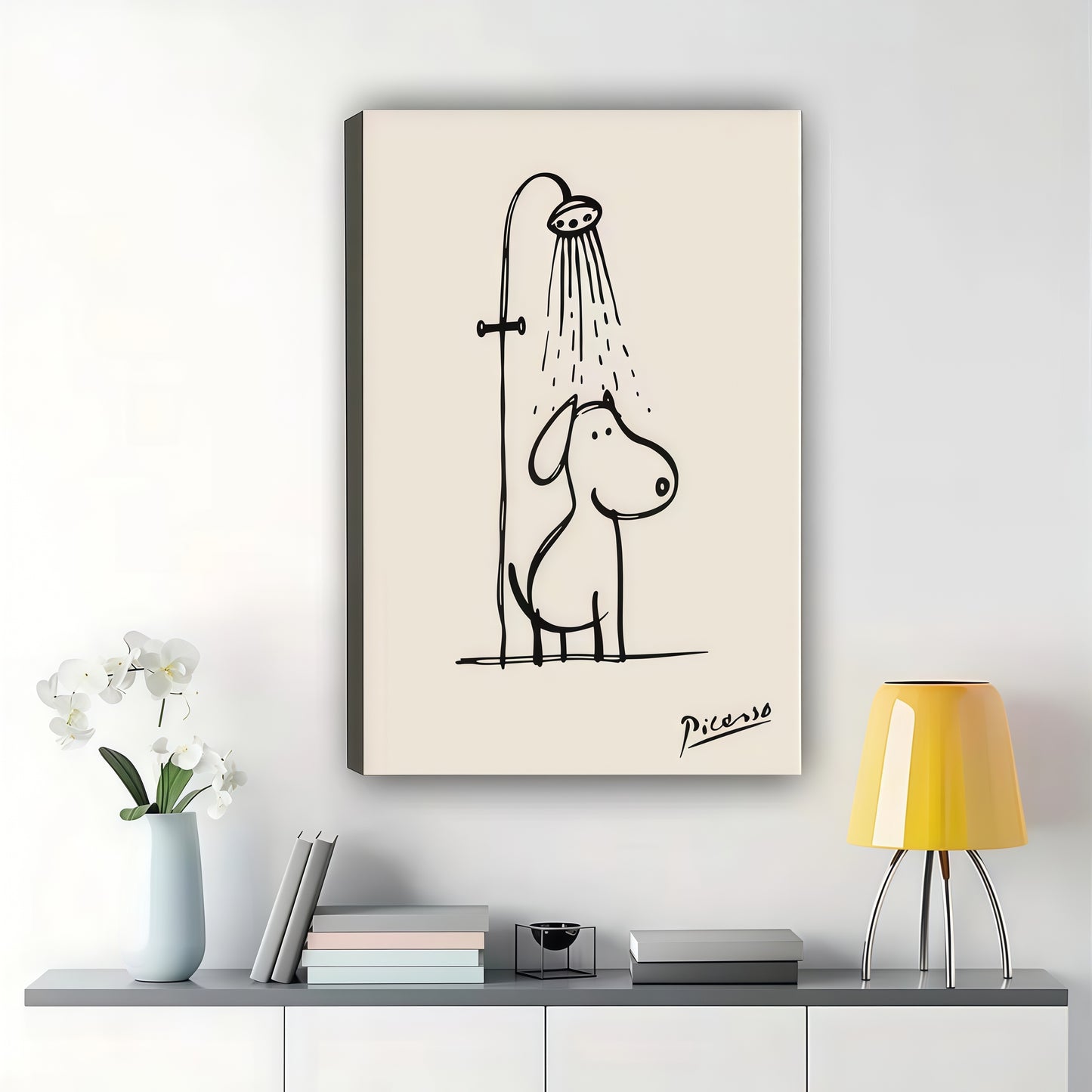 Picasso  Showering Dog – Minimalist Bathroom Line Art Wall Art on Natural Wood Canvas | W936