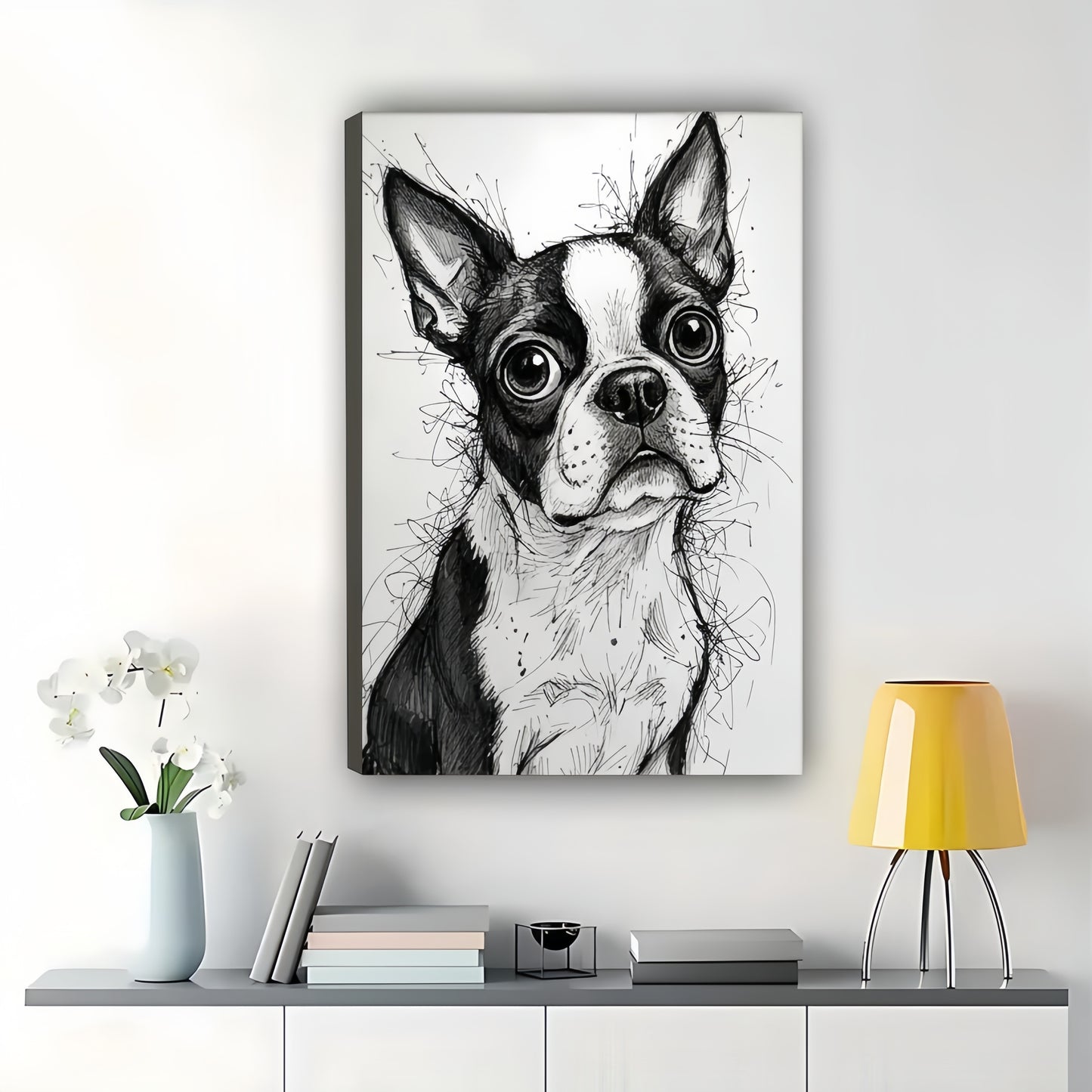 Sketch-Style Big-Eyed Boston Terrier – Whimsical Black & White Line Art Wall Art on Natural Wood Canvas | W731