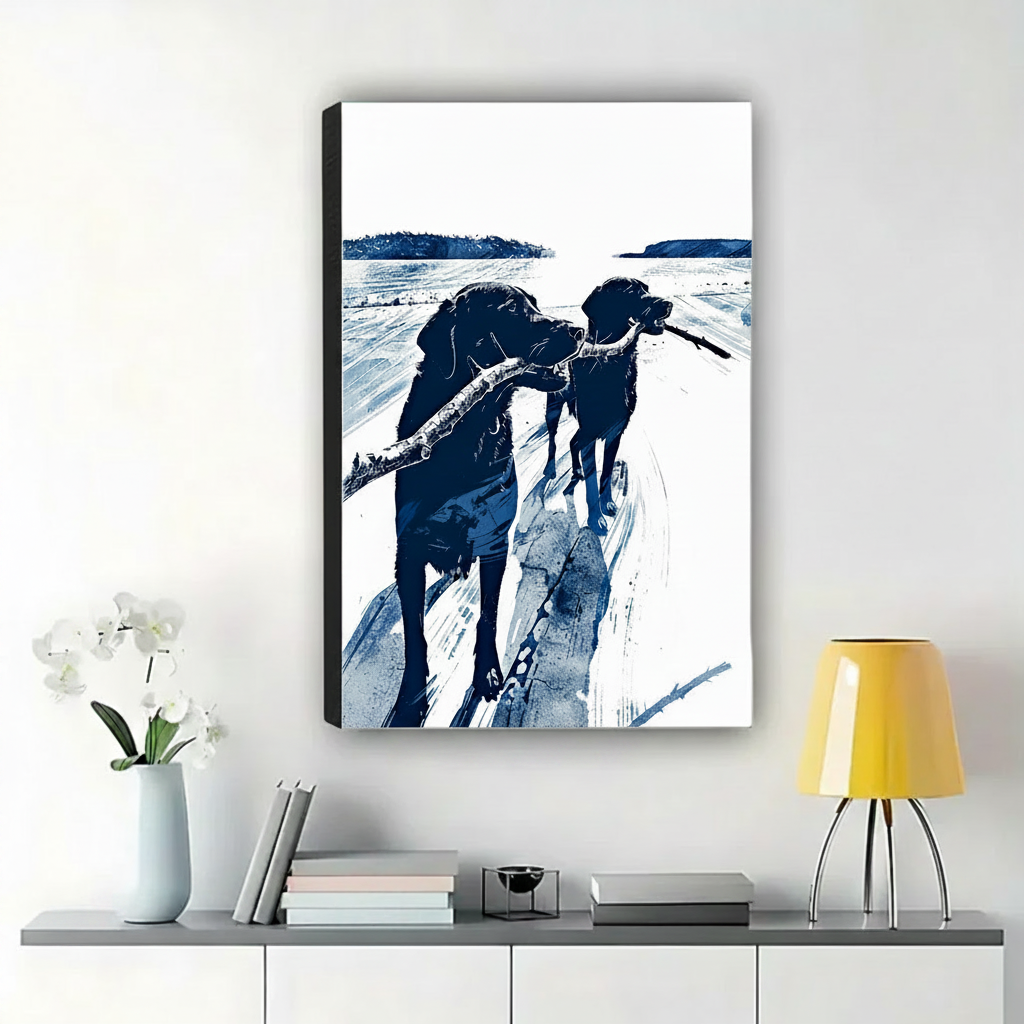 Two Labradors Sharing a Stick on the Beach Wall Art – Bold Indigo Graphic Canvas Print on Natural Wood Frame | W2218
