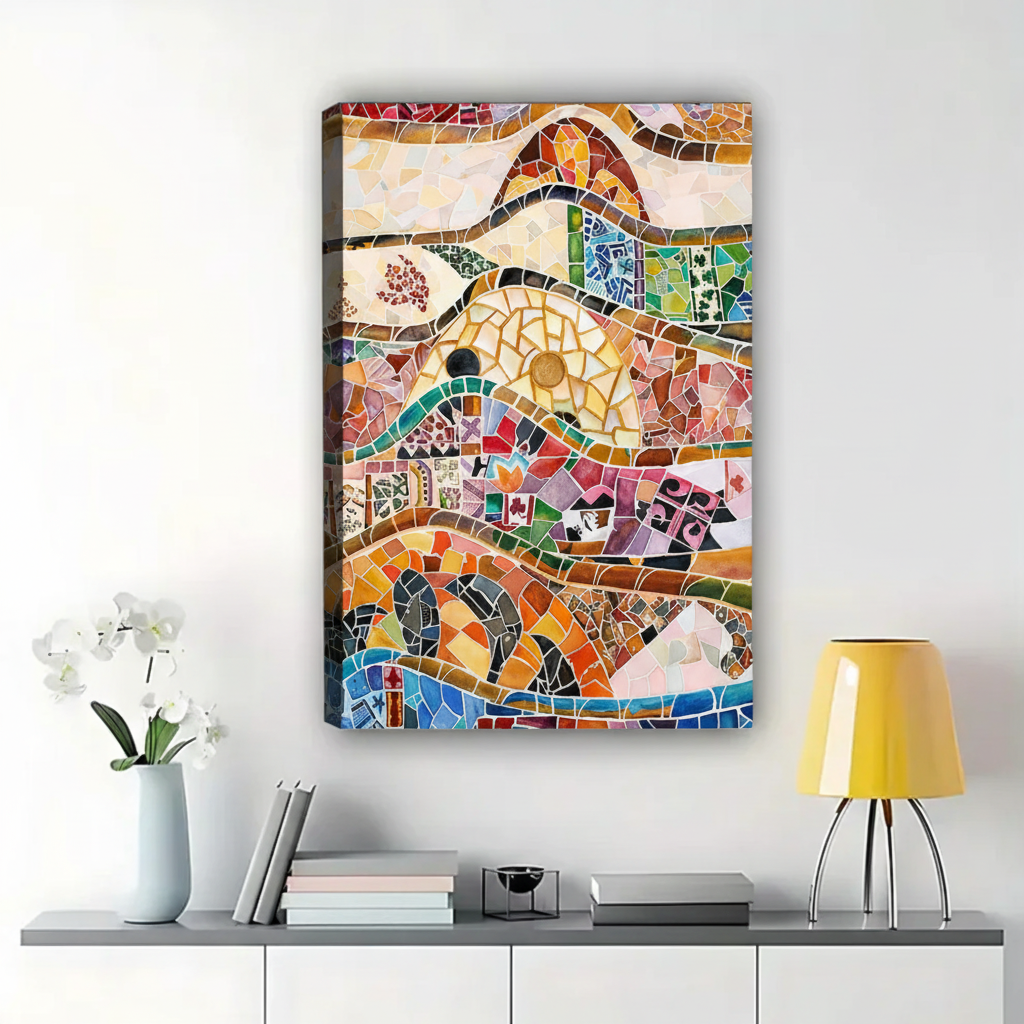 Mosaic Fox Portrait Wall Art – Gaudí-Inspired Trencadís Canvas Print on Natural Wood Frame | W2196